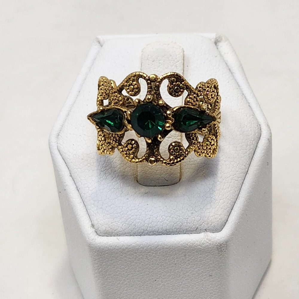 Filigree Green Crystal Gold Tone Cocktail Ring Adjustable Band Open Work Ornate